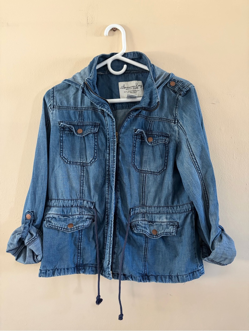 American Rag Blue Denim Hooded Utility Jacket Size L